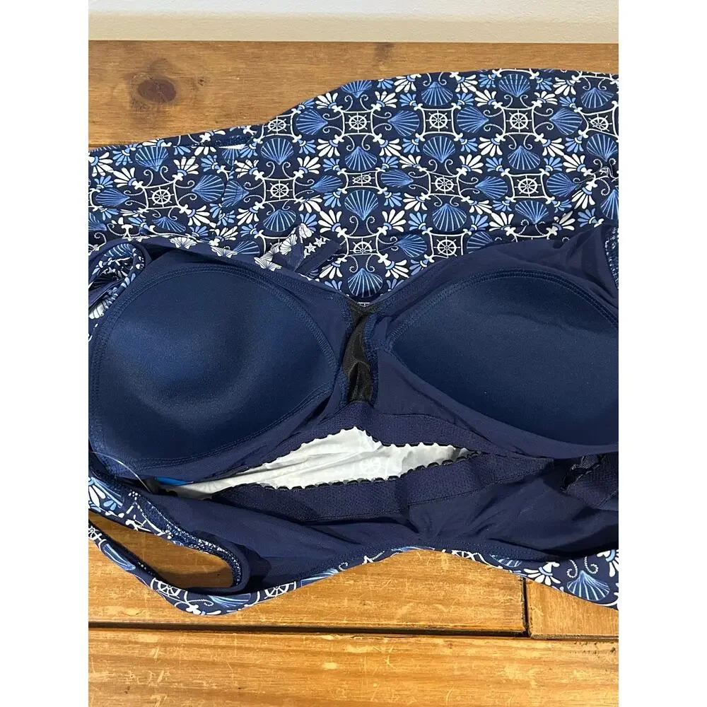 Lands' End Sz 12 Mini Swim Tankini Seashell Geo Navy Side Tie Summer Beach NWT